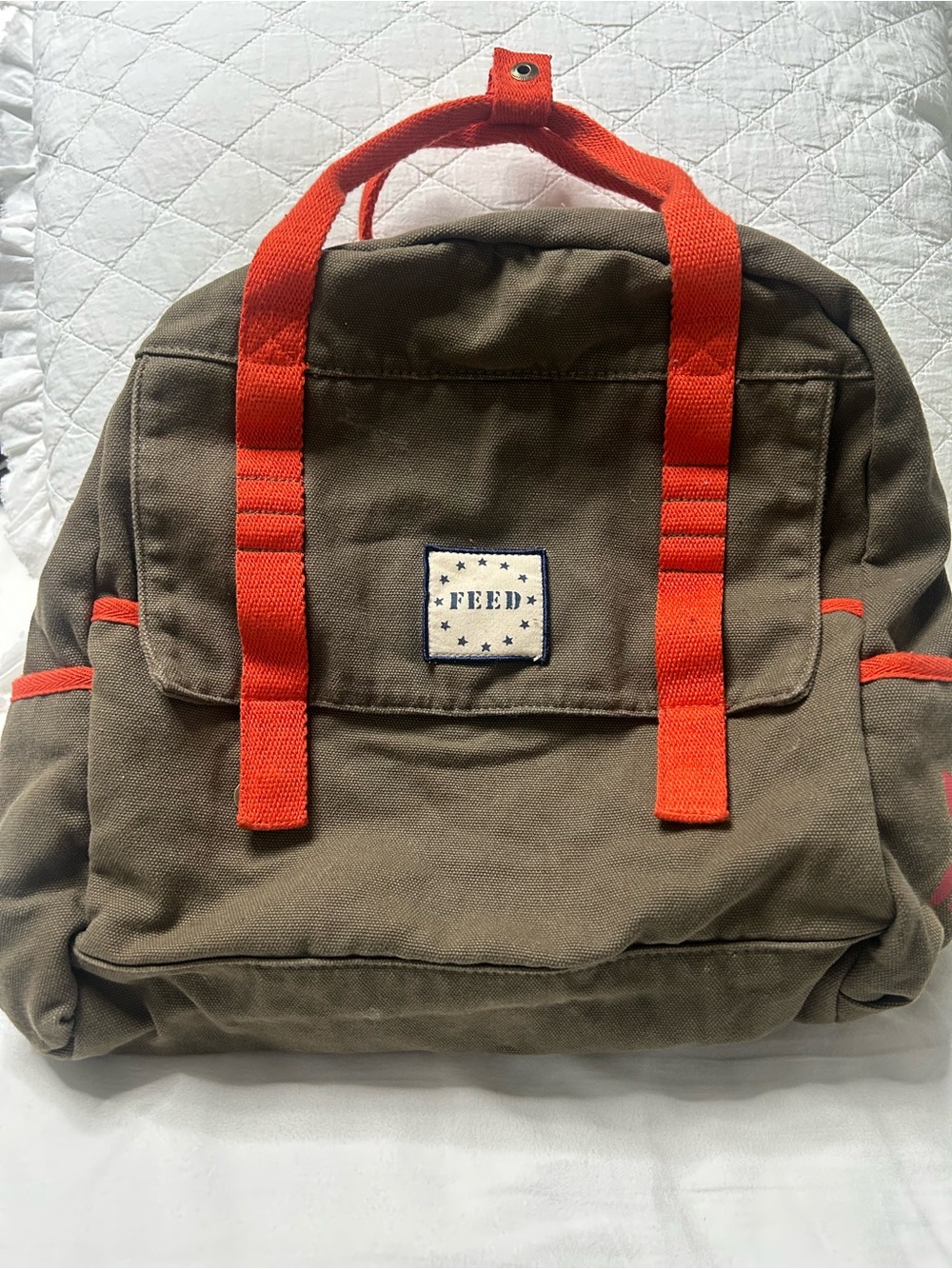 Unisex Canvas Backpack in Olive with Orange Accents
